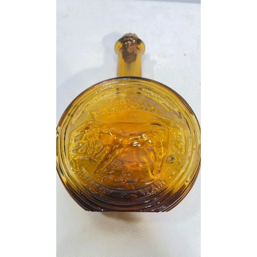 Vintage Amber Glass Bull Decanter Made in Italy Cork Stopper Round Bottle 8.5in